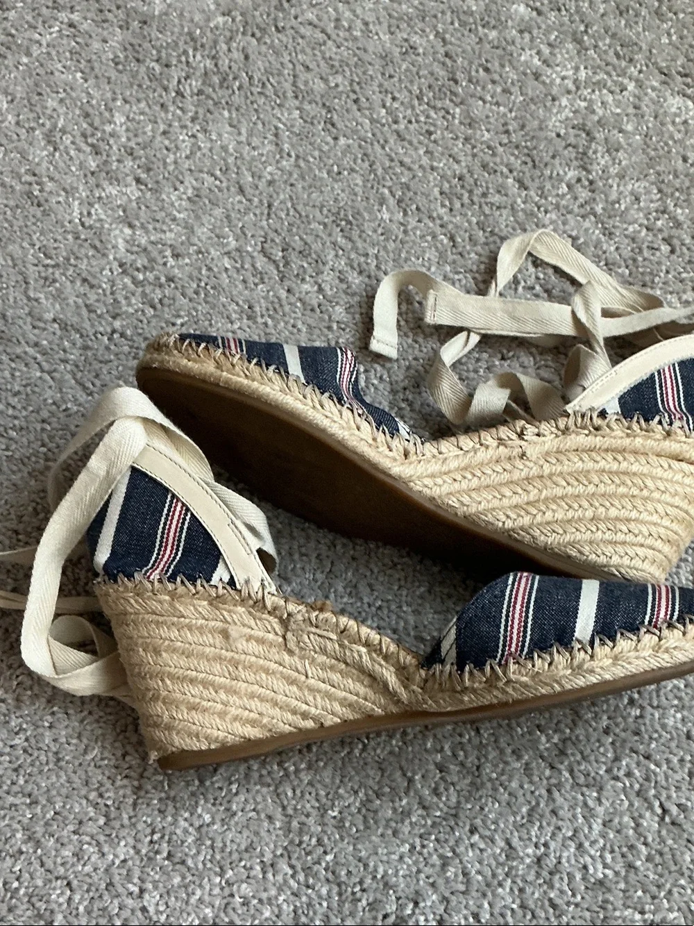 Sam Edelman Patsy Striped Canvas Espadrille Wedges with Ankle Ties - Navy Sz 9M